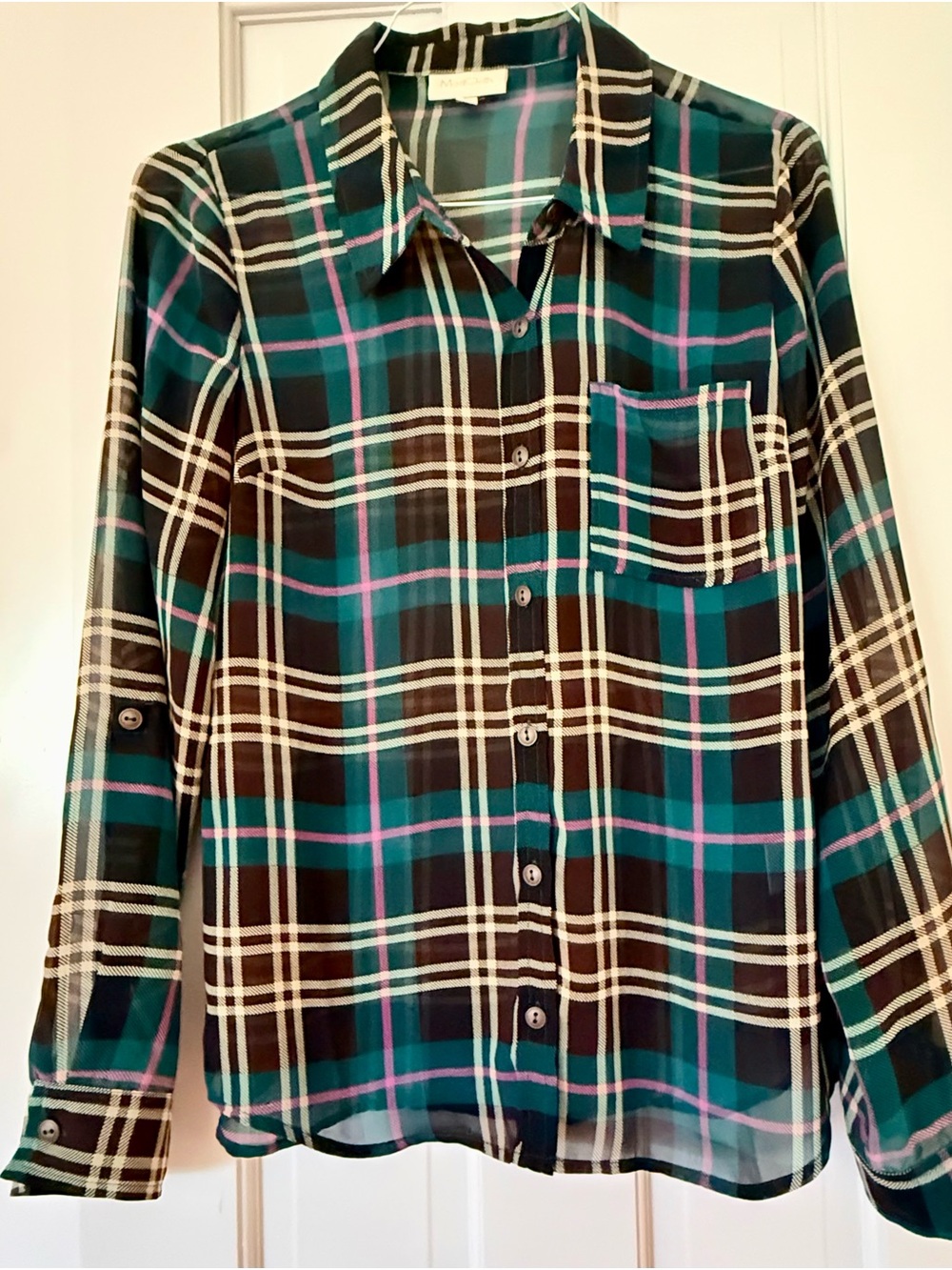 Women’s ModCloth Plaid Button-Up Shirt - Black & Teal - M